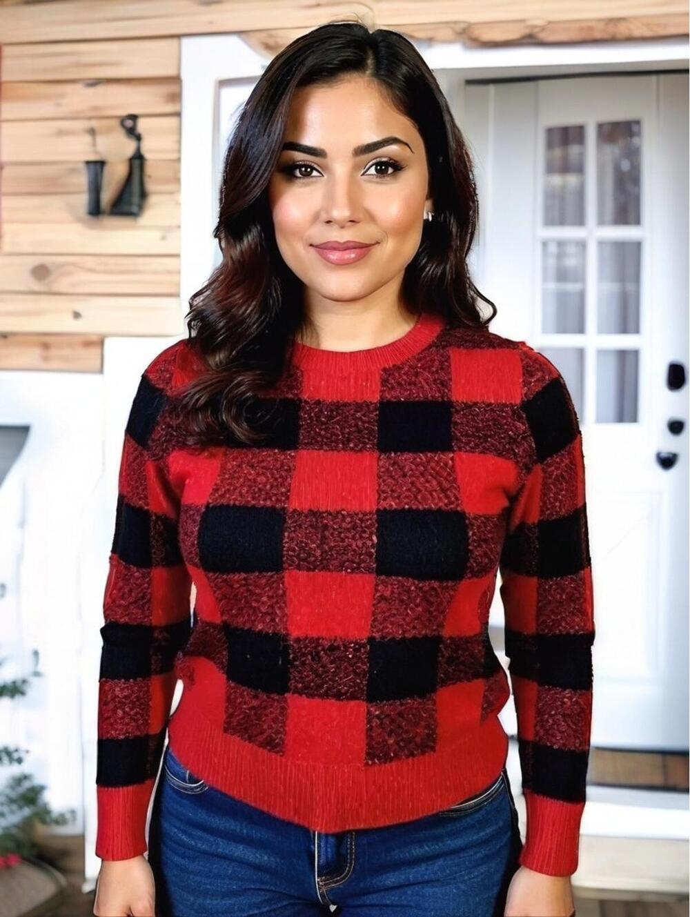 Red Black Old Navy Buffalo Lumber Jack Plaid Sweater Women Sz M